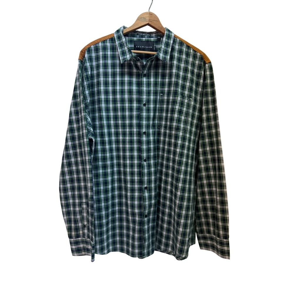Sean John Men's Plaid Long‎ Sleeve Button Down Shirt with Suede on Shoulders 3XL